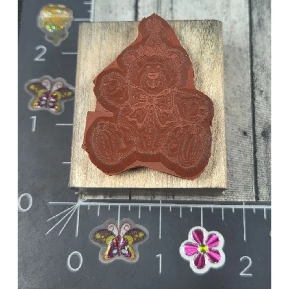 Stampin' Up! Party Hat Teddy Bear Bow Stitched 1991 Rubber Stamp Wood #G50